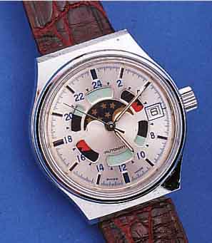 UNIVERSAL GENEVE HERRENARMBANDUHR AUTOMATIK POLEROUTER, SCHWEIZ UM 1964, EDELST., BODEN GESCHR., NUTZSP., BLATT REST., 28 ST., AUFZUG DURCH ...