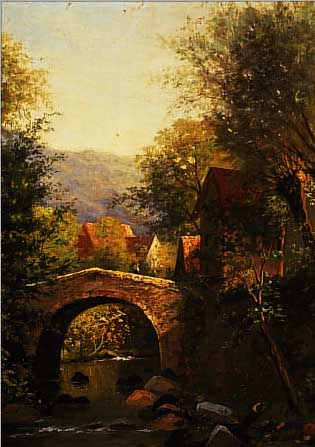 UNBEKANNTER MALER, STUTTGARTER SCHULE, UM 1870-80, BLICK IN EIN ROMANTISCHES BACH- TAL, IM HINTERGRUND DORFANSICHT, ÖL/LWD, LI. U. ...