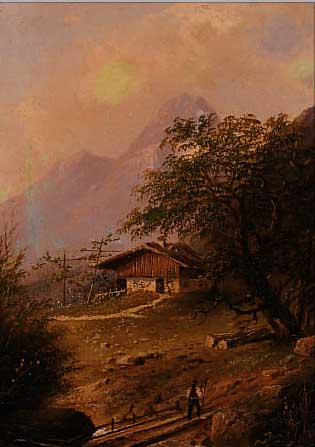 BACHMANN, WOHL SCHWEIZER KüNSTLER, UM 1900, HüTTE UND SPAZIERGäNGER IM GEBIRGE, ÖL/HOLZ, RE. U. SIGN. (DURCH RAHMEN VERDECKT), CA. 26 X 21 CM, ...