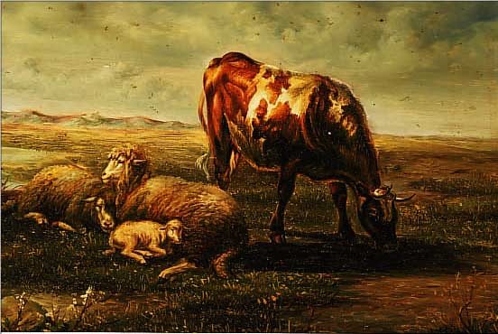 UNBEKANNTER ZEITGEN. MALER, NACH ALTEM VOR- BILD, KUH UND SCHAFE AUF DER WIESE, ÖL/HOLZ, RE. U. SIGN. VELORI, CA. 30 X 40 CM, R.