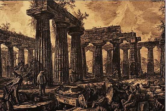 KUPFERSTICH VON PIRANESI, 2. HäLFTE 18. JH., DARSTELLUNG DER RUINEN DES COLLEGIUM ROMANUM, PERSONENSTAFFAGE, CA. 46 X 67 CM, ...