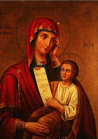 UNBEK. KüNSTLER 1. HäLFTE 19. JH., IN DER ART DER IKONENMALEREI, MUTTERGOTTES UND JESUSKIND, ÖL/LWD. (L. BESCH.), 54 X 44 CM, R.