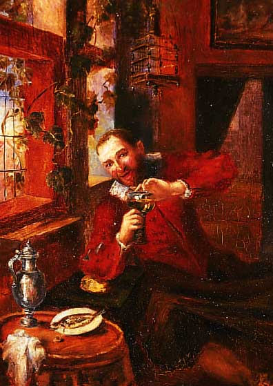 UNBEK. KüNSTLER D. 19./20. JH., FEINGE- MALTES INTERIEUR MIT WEINTRINKENDEM MANN AN REBENUMWUNDENEM FENSTER, ÖL/HOLZ (MIN. REST.),UNLESERL. ...