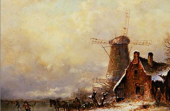 UNBEK. KüNSTLER D. 20. JH., IN DER ART DER ALTEN NIEDERLäNDISCHEN MEISTER, ZWEI GEGENSTüCKE, WINDMüHLEN AN ZUGEFRORENEM SEE MIT ...