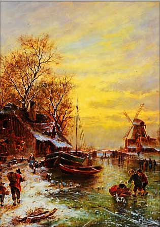 UNBEK. KüNSTLER D. 20. JH., IN DER ART ALTER NIEDERLäNDISCHER MEISTER, HIER: ABENDLICHE WINDERLANDSCHAFT MIT LEBHAFTEM TREIBEN ...