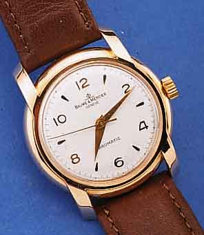 BAUME & MERCIER HERRENARMBANDUHR BAUMEMATIC, SCHWEIZ UM 1950, REF.-NR. 62186/3111, RG 750/000, BET. BANDANST., BODEN GESCHR., 17 ST., ...