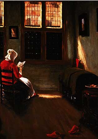 KOPIST DES 19. JH. NACH PIETER DE HOOCHT, FRAU BEI DER HANDARBEIT IN INTERIEUR, ÖL/MAL- KARTON BEZ., CA 50 X 36.5 CM, R. (L. BESCH.)