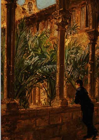 MIRO LLEO, GASPAR, *1859-1930, SPANISCHER KüNSTLER, JUNGER MANN BEIM BLICK IN DEN GARTENDES PALASTES VON SEVILLA, ÖL/MALKARTON, RITZ- SIGN. IN ...