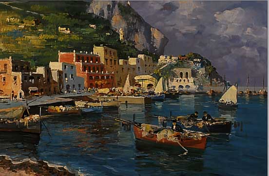RIPPA O.ä., MITTE 20. JHD., MEDITERRANE KüSTE MIT FISCHERBOOTEN VOR KLEINER HAFEN- STADT, ÖL/LWD. UNLESERL. SIGN., CA. 50 X 60 CM