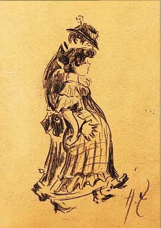 ZILLE, HEINRICH, 1858-1929, SPAZIERENDES PAAR, KOHLEZEICHNUNG, RE. U. MONOGR., PAPIER ALTERSBEDINGT GEBRäUNT, CA. 21 X 12 ...