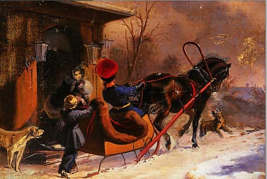 UNBEK. KüNSTLER, WOHL RUSSLAND, UM 1860/80, FAMILIE MIT PFERDESCHLITTEN IN WINTERLICHER LANDSCHAFT, ÖL/MALKARTON (L. ALTERSSPUREN), UNSIGN., ...