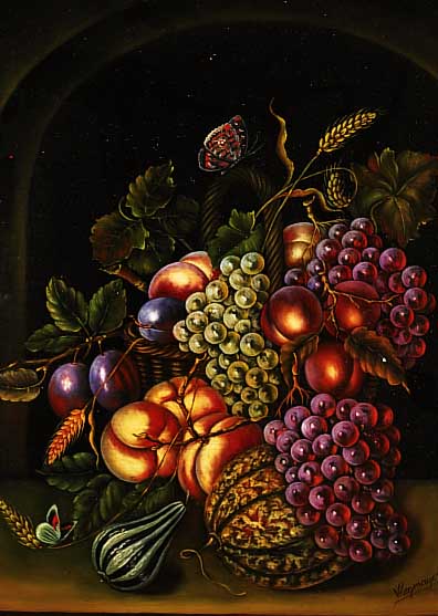 WEGMAYR, ZEITGENöSSICHER TRADITIONALIST, FRüCHTEKORB UND SCHMETTERLINGE, ÖL/HOLZ SIGN.,CA. 50 X 42 CM, R.