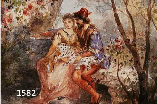 WIENWIENER KÜNSTLER UM 1890, VERLIEBTES PÄRCHEN IN MITTELALTERLICHER KLEIDUNG MIT HUND AUF EINER PARKBANK, AQUARELL UNLESERL. SIGN. ROT.. DAT. ...