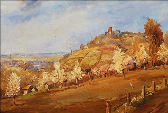 WOLLENSACK, K., ERSTE HäLFTE DES 20. JH., BLICK AUF EIN DORF, ÖL/LWD. SIGN. U. DAT. (19)49, CA. 50 X 60 CM, R.