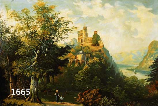 UNBEKANNTER ROMANTIKER, UM 1900, MUTTER MIT KIND VOR BURGRUINE ÜBER FLUßTAL, ÖL/LWD, ZWEI RESTAURIERTE STELLEN, CA. 50 X 70 CM, R.