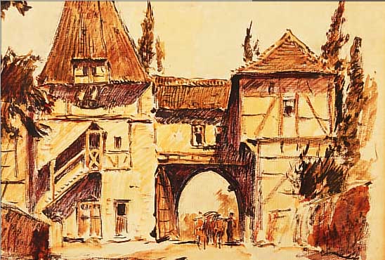 GRAF, KARL, 1902 ROTHENBURG-1986 SPEYER, STADTTOR MIT OCHSENFUHRWERK, AQUARELL AUF PAPIER, RE. U. SIGN. UND DAT. AUGUST 1935, LI. U. ...