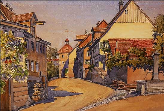 LEDERLE, K., PFORZHEIMER MALER UM 1930, SONNIGER WINKEL IN ÜBERLINGEN, AQUARELL AUF PAPIER, RE. U. SIGN. UND DAT. 1922, CA. 40 X 47 CM, ...