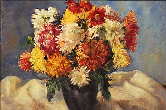 SOMMET, A., MANNHEIMER KüNSTLERIN, 30ER JAHRE, STILLEBEN MIT CHRYSANTHEMEN, ÖL/MALKARTON, LI. U. SIGN., CA. 51 X 62 CM, R.
