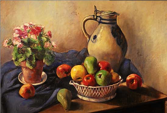 SOMMET, A., MANNHEIMER KüNSTLERIN, 30ER JAHRE, STILLEBEN MIT KRUG, BLUMEN UND OBST, ÖL/MALKARTON, RE. U. SIGN., CA. 65 X 85 CM, R.