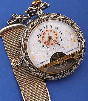 PERPETUUM HERRENTASCHENUHR BEZEICHNET WOCHEN- UHR (8-TAGE), METALL RELIEFIERT, RüCKS. DARST. VON BERGARBEITERN, NACH F. RAINIER, EMAILBL. ...