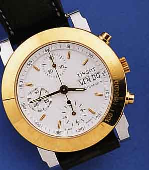 TISSOT ARMBANDCHRONOGRAPH AUTOMATIK, SCHWEIZUM 1992, EDELST., BODEN GEDR., LüNETTE, DRüK- KER U. KRONE M. GG-AUFL., NEUTR. LEDERB. M. ...