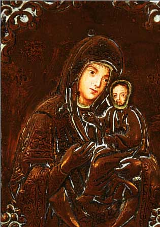 KLEINE IKONE, RUSSLAND, UM 1890-1900, MUTTER GOTTES MIT KIND, MIT GEPRäGTEM MESSINGOKLAD, CA. 14,5 X 11 CM