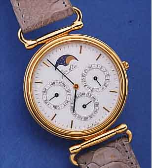 JEAN D'EVE HERRENARMBANDUHR VOLLKALENDER INCLUSIVE MONDPHASE, METALL HARTVERG., EDELST.-BODEN GEDR., SCHWEIZ UM 1992, UNGE- TR. ...