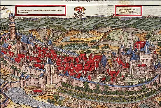 KONVOLUT VON 3 BLATT, MIT ANSICHTEN VON SIMMERN: 1.) KOLOR. HOLZSCHNITT AUS SEB. MüNSTER, AUF DER DOPPELTEN BUCHSEITE, CA. 1590, GA ...