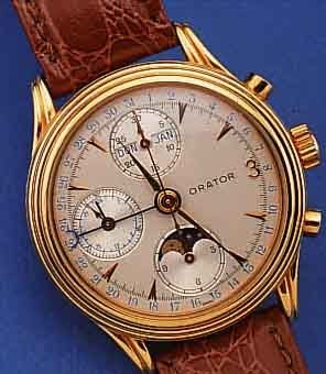 ORATOR ARMBANDCHRONOGRAPH, SCHWEIZ UM 1996, METALL ROSEVERG., BEIDS. MINERALVERGL., VOLL- KALENDERANZ. INCL. MONDPHASE, 30-MIN.- U. 12- ...