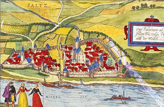 KONVOLUT VON 2 BLATT UM TRIER, 1.) ALT- KOLOR. KUPFERSTICH AUS BR. U. HOGENBERG, GA. PALTZ AN DER MOSEL (PFALZEL), 17,5 X 39 CM; 2.) ...