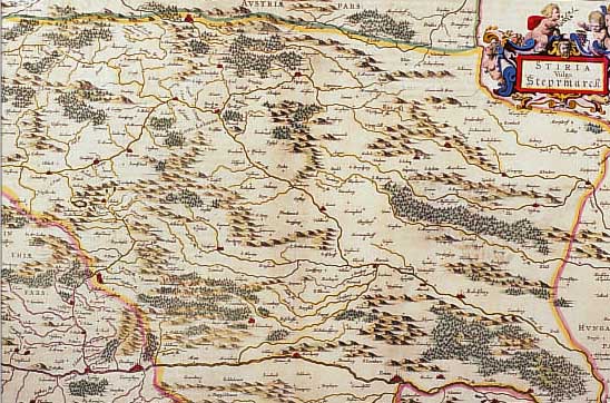 KOLOR. KUPFERSTICHK., V. J. JANSONIUS, CA. 1650, STITIA VULGO STEYRMARCK, MIT PRACHTVOLL KOLOR. KARTUSCHE RE. O., GUTES EXEMPLAR, ...