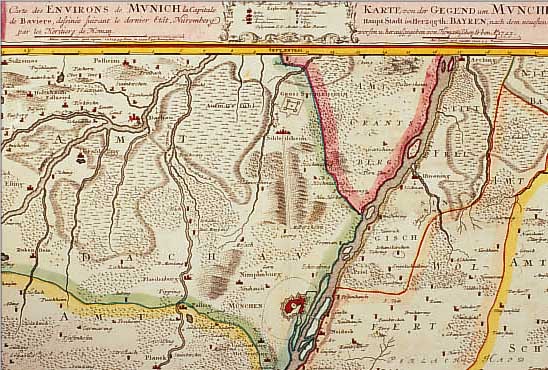 ALTKOLOR. KUPFERSTICHK., V. HOMANN ERBEN 1743, KARTE VON DER GEGEND UM MüNCHEN, HAUP STADT IM HERZOGTH. BAYERN, MIT TITEL- LEISTE AM ...