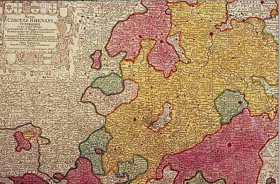 ALTKOLOR. KUPFERSTICHK. V. TH. LOTTER, CA. 1740, MAPPA CIRCULI RHENANI SUPERIORIS, MIT GROßARTIGER KARTUSCHE UMGEBEN VON 21 WAPPEN, IN ...
