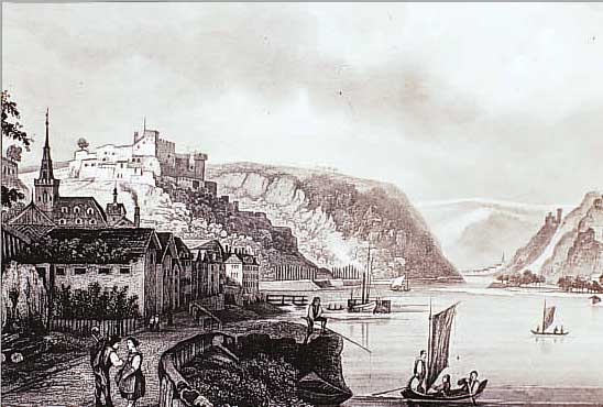 KONVOLUT VON 4 BLATT, SR. GOAR UND UMGEBUNG:1.) AQUATINITA V. BLEULER, VUE DE ST. GOAR ET LA RUINE DE RHEINSTEIN, 12,5 X 16,5 CM; 2.) ...