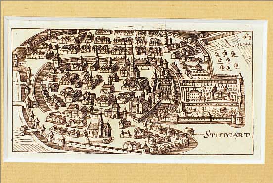KONVOLUT VON 8 BLATT, MIT ANSICHTEN VON STUTTGART: 1.) KUPFERSTICH AUS RIEGEL, CA. 1698, GA STUTTGART AUS DER VOGELSCHAU, 6 X 11,5 CM; 2.) ...