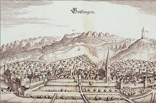 KONVOLUT VON 2 BLATT, MIT KUPFERSTICHEN V. GEIßLINGEN UND UMGEBUNG: 1.) KUPFERSTICH M. MERIAN, GA GEIßLINGEN, TADELLOSES EXEMPLAR,18 X 29 ...