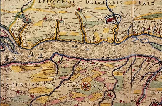 KOLOR. KUPFERSTICH, V. M. MERIAN AUS TH. EUROP. NOBILIS FLUVIUS MAXIMA CURA FAMOSISQ AUTORISBUS COLLECTUES ET, IN LUCEM ETITUS, ZEIGT DEN ...