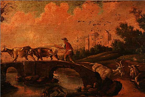 UNBEKANNTER MALER, OBERRHEIN, UM 1770-80, IDEALE LANDSCHAFT MIT SCHäFERN UND VIEH, ÖL/LWD, MIT ZAHLREICHEN ALTERSBEDINGTEN FARB- ...