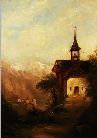 UNBUNBEKANNTER MALER, DÜSSELDORFER SCHULE, UM 1900, VORALPENLANDSCHAFT MIT KAPELLE, ÖL/MALKARTON, CA. 46 X 32 CM, R.