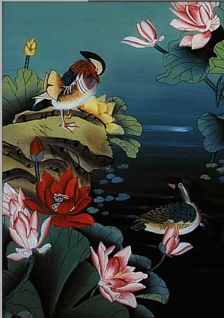 ZWEI HINTERGLASMALEREIEN, CHINA, ANFANG 20. JH., BUNTE GOUACHEMALEREIEN, BLUMEN UND VöGEL, JE CA. 46 X 29 CM