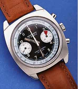 WAKMANN ARMBANDCHRONOGRAPH, SCHWEIZ UM 1969,EDELST., BODEN GESCHR., KONTRASTZIFFERBL., 45-MIN.-STOPPZäHLER, TACHYMETERAUßENSKALA, 17 ...