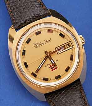 LUCIEN PICCARD HERRENARMBANDUHR SONICTRON, METALL HARTVERG., BODEN GEDR., UNGETR. LAGER- W., SCHWEIZ UM 1968, METALL HARTVERG., ZEN- TRALSEK., ...