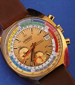 WAKMANN ARMBANDCHRONOGRAPH AUTOMATIK, SCHWEIZ UM 1972, METALL HARTVERG., EDELST.- BODEN GEDR., 2.-ZEIT U. DATUM ZU KORRIGIEREN DURCH ...
