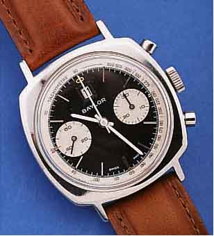 BAYLER ARMBANDCHRONOGRAPH, SCHWEIZ UM 1970, EDELST., BODEN GESCHR., CARREE-CAMBRE-FORM, KONTRASTZIFFERBL., 30-MIN.- U. 12-STD.-STOPP- ZäHLER, ...