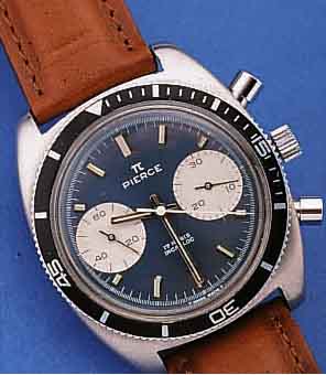 PIERCE ARMBANDCHRONOGRAPH, SCHWEIZ UM 1961, METALL VERCHR., EDELST.-BODEN GESCHR., 30- MIN.-STOPPZäHLER, LüNETTE M. 60ER TEILUNG BEIDS. ...