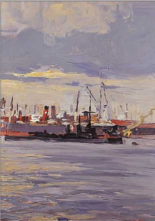 BOGBOGÖ, CHR., DÄNISCHER MARINEMALER, BLICK AUF EINEN HAFEN VON DER SEE AUS, ÖL/LWD, RE. U. SIGN., CA. 29 X 24 CM, R.