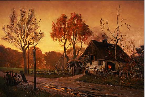 LANLANGER, VIGGO, DÄNISCHER MALER DER MÜNCHNER SCHULE, BAUERNGEHÖFT IN HERBSTLICHER LAND- SCHAFT, ÖL/LWD, LI. U. SIGN., CA. 66 X 90 CM,R