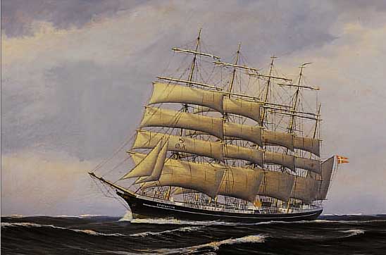 PEDERSEN, P., DäNISCHER MALER DES 20. JH., VIERMASTER SEGELSCHIFF IN VOLLER TAKELAGE, ÖL/LWD, RE. U. SIGN., CA. 45 X 65 CM, REST. RI