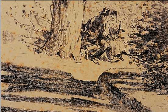 URY, LESSER,  PAAR AUF EINER PARKBANK IM BERLINER TIER- GARTEN, LITHOGRAPHIE, LI. U. HANDSIGN., LEICHT ...