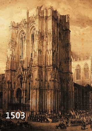 Radierung, deutsch, um 1855-60, Darst. des KÖlner Doms bei Aufnahme des Fortbaues 1842, radiert von Abbema, hrsg. vom Dombau-Verein KÖln, ...